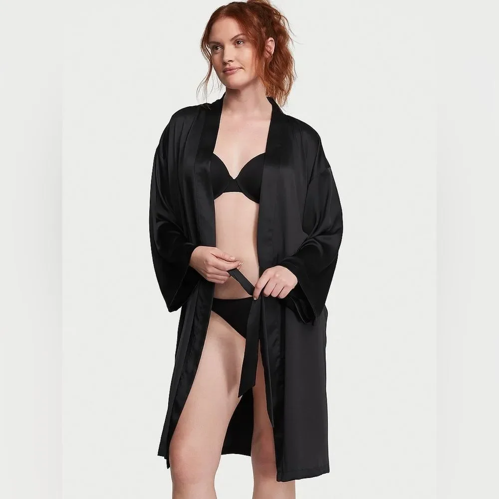 Victoria's Secret Signature Satin Midi Robe Sz XS/S Pockets Tie Belt Sexy Cozy